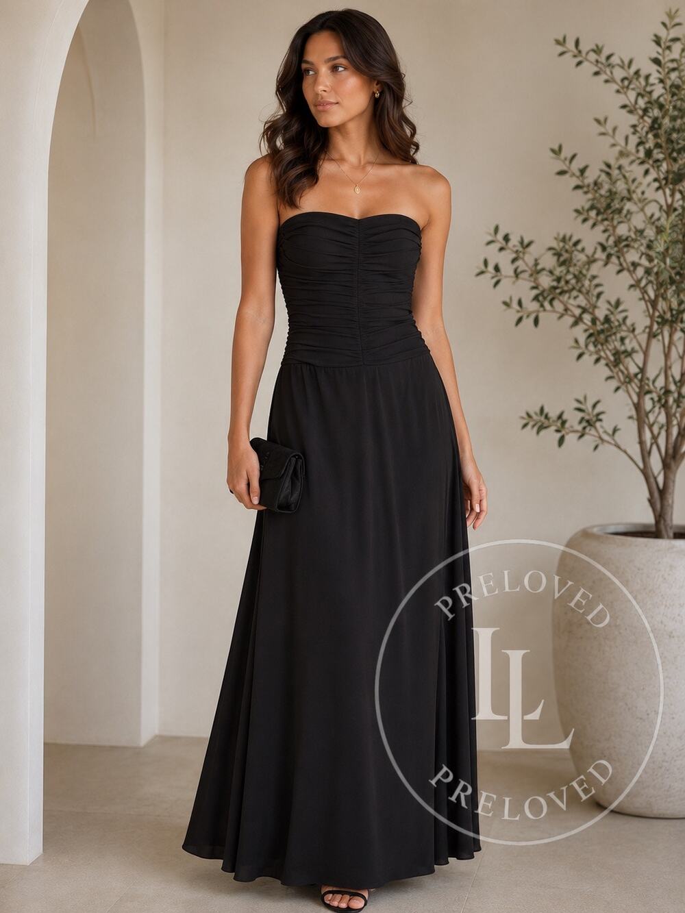 Lauren Ralph Lauren Evening Gown Sz 8 Strapless Formal Ruched Flowing Chiffon